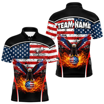 Maxcorners Red, White and Blue American Flag Eagle Flame Golf polo shirt for men custom patriotic golf attire