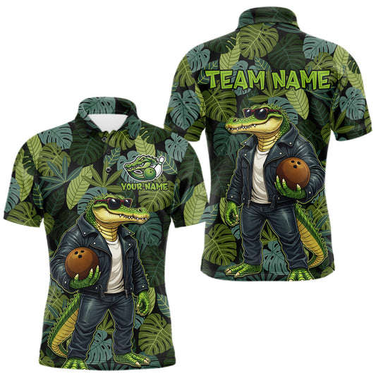Green tropical leaf pattern Funny Alligator Bowling Shirts For Men Custom Bowling Team Jerseys LM1203