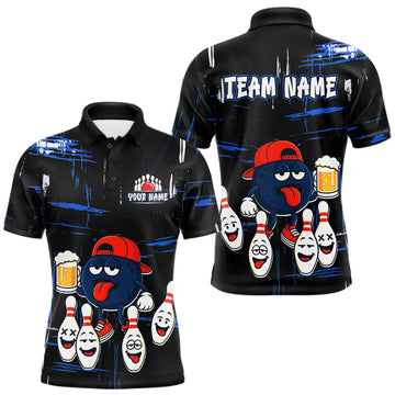 Maxcorners Custom Black And Blue Funny Beer Bowling Men Polo, Quarter Zip Shirts, funny bowling shirts LM1501