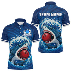 Maxcorners Custom Blue Shark Bowling Polo, Quarter Zip Shirts For Men, Shark Bowling Team League Shirt LM1809