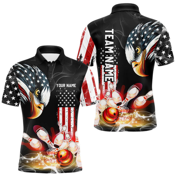 Maxcorners American Flag smoke Eagle Bowling Polo, 1/4 zip Shirts For Men Custom patriotic Bowling team jerseys MT2009