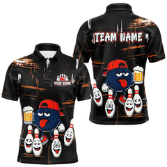 Maxcorners Custom Black And Orange Funny Beer Bowling Men Polo, Quarter Zip Shirts, funny bowling shirts TU2310