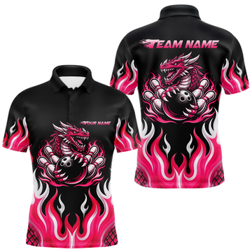 Maxcorners Black and Pink Flame Dragon Bowling Polo, 1/4 Zip Shirts For Men Custom Dragon Bowling Team Jerseys