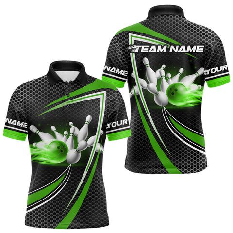 Maxcorners Black and Green Flame Bowling Shirts For Men Custom Team Bowling Jersey, Gift For Bowlers TU1410