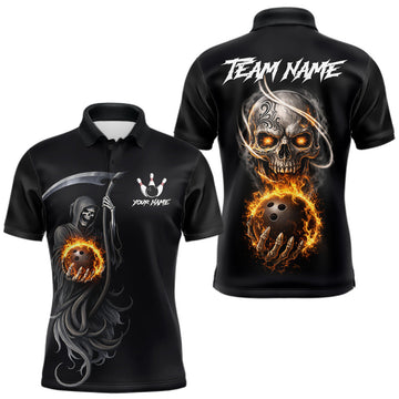 Flame Skull Reaper Bowling Polo, Quarter Zip Shirts For Men Custom Bowling Team Jerseys | Black LM1203