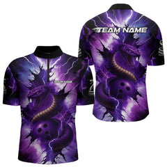Maxcorners Custom Black And Purple Thunder Lightning Cobra Snake Bowling Men Polo, Quarter Zip Shirts For Team MT1309
