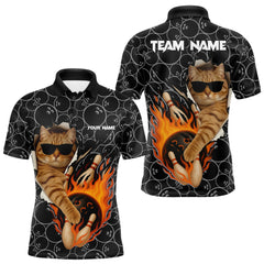 Maxcorners Custom Funny Cat Bowling shirts for men, black camo flame cool bowling uniform for team bowlers LM1411