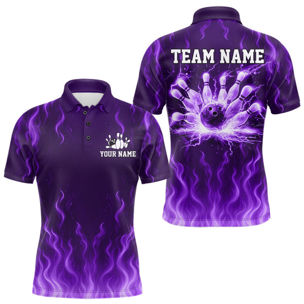 Maxcorners Purple flame lightning thunder Bowling polo, quarter zip shirts for men custom Bowling team jerseys MT0111