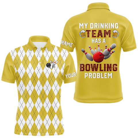 Maxcorners Yellow argyle pattern Beer Bowling Shirts For Men Custom My drinking team has a bowling problem TU1410
