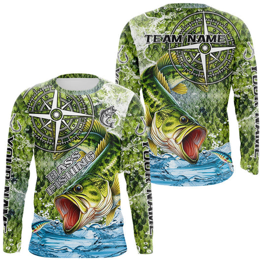 Maxcorners Personalized Largemouth Bass Fishing Shirts Green Scales Compass Performance Tournament Bass Jerseys LM1501