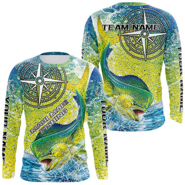 Maxcorners Personalized Mahi Mahi Fishing Shirts Green Scales Compass Performance Tournament Mahi Mahi Jerseys LM1501