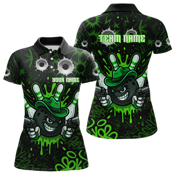 Maxcorners Funny Black and Green Bowling Cowboy gun Men bowling polo, 1/4 zip shirts Custom bowling team jersey MT1309