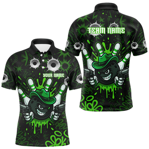 Maxcorners Funny Black and Green Bowling Cowboy gun Men bowling polo, 1/4 zip shirts Custom bowling team jersey MT1309