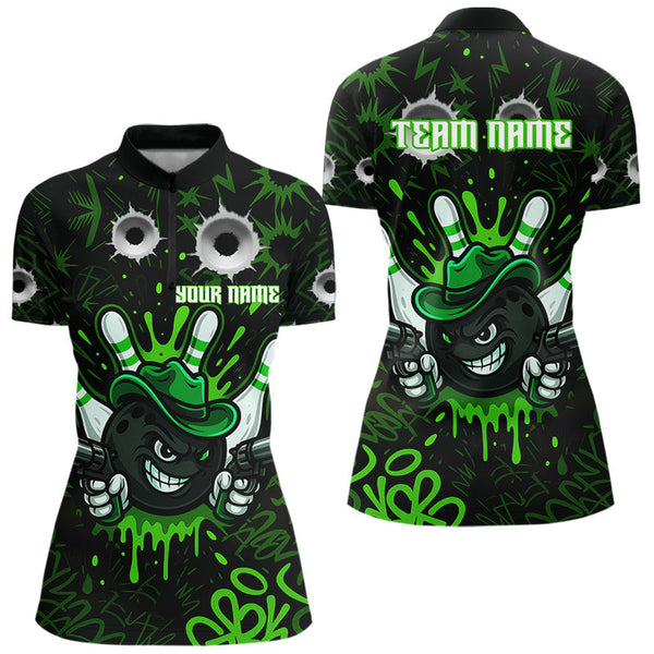 Maxcorners Funny Black and Green Bowling Cowboy gun Men bowling polo, 1/4 zip shirts Custom bowling team jersey MT1309