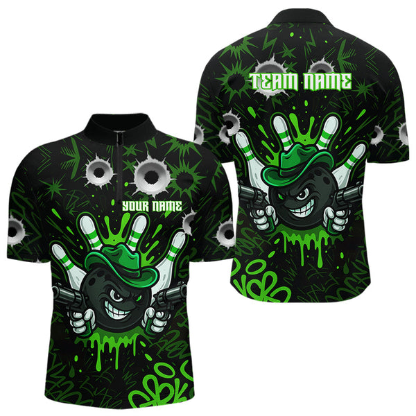 Maxcorners Funny Black and Green Bowling Cowboy gun Men bowling polo, 1/4 zip shirts Custom bowling team jersey MT1309