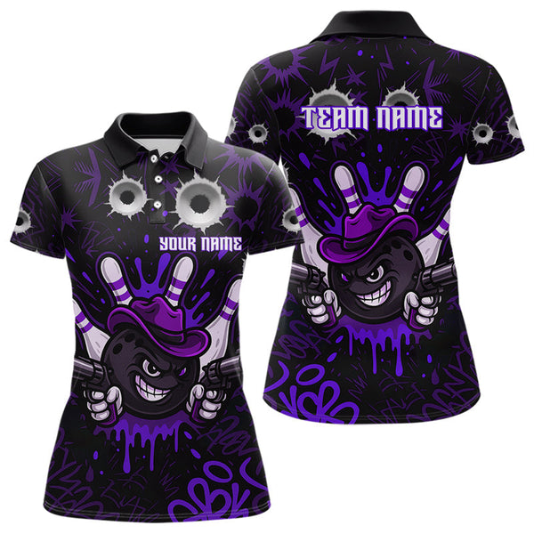 Maxcorners Funny Black and Purple Bowling Cowboy gun Men bowling polo, 1/4 zip shirts Custom bowling team jersey MT1309