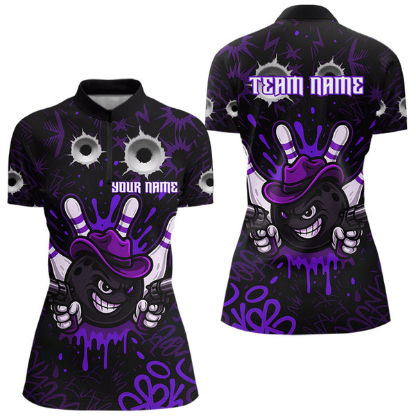 Maxcorners Funny Black and Purple Bowling Cowboy gun Men bowling polo, 1/4 zip shirts Custom bowling team jersey MT1309