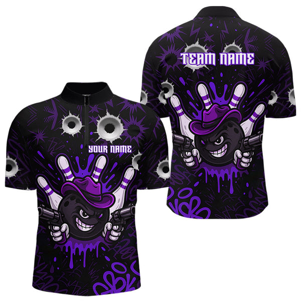 Maxcorners Funny Black and Purple Bowling Cowboy gun Men bowling polo, 1/4 zip shirts Custom bowling team jersey MT1309