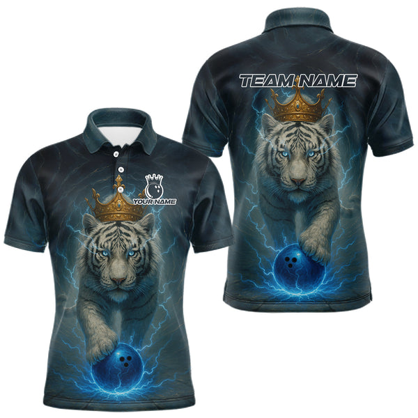 Maxcorners Blue Lightning Thunder Crown White Tiger Bowling Shirts For Men Custom Team Tiger Bowling Jerseys LM1610