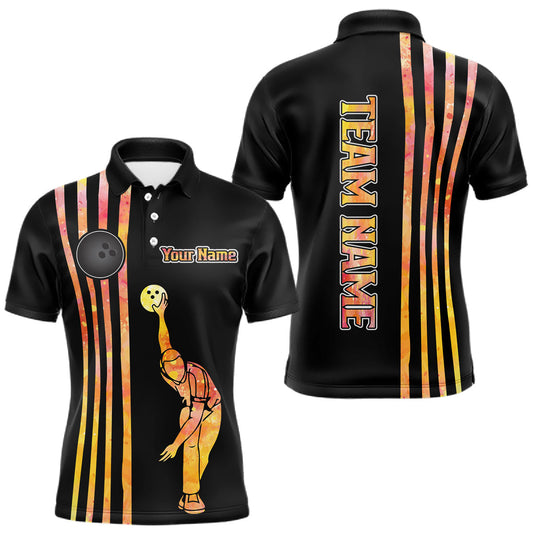 Maxcorners Personalized Watercolor Stripes Retro Bowling Team Shirts For Men, Black Bowling Attire For Men
