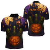 Maxcorners Funny Pumpkin Halloween Bowling Polo, Quarter Zip Shirts For Men Custom Bowling Team Jersey MT1309