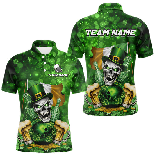 Maxcorners Custom Funny Skull Bowling and Beer Ireland Flag Green St Patrick Team Bowling Jerseys For Men LM1501