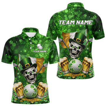 Maxcorners Custom Funny Skull Golf and Beer Ireland Flag Green St Patrick Team Polo shirts for Men, golfing gift LM1501