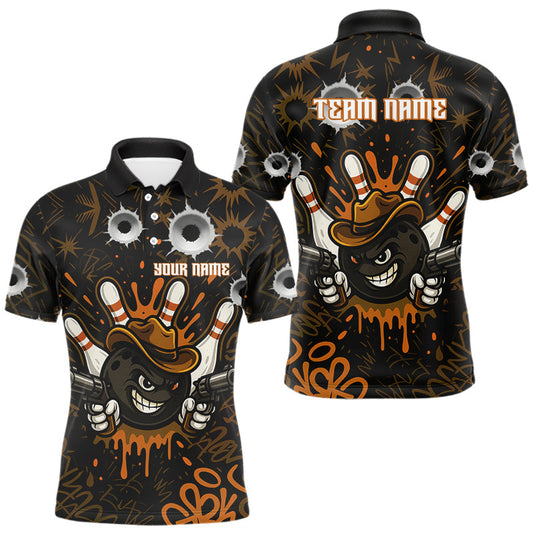 Maxcorners Funny Black and Orange Bowling Cowboy gun Men bowling polo, 1/4 zip shirts Custom bowling team jersey LM1903