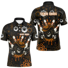 Maxcorners Funny Black and Orange Bowling Cowboy gun Men bowling polo, 1/4 zip shirts Custom bowling team jersey TU1609