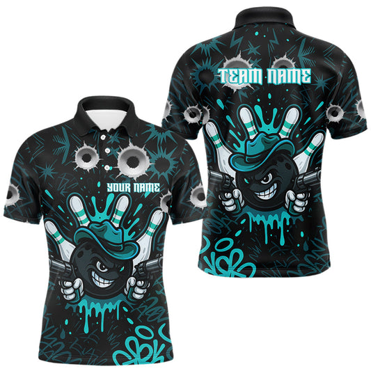 Maxcorners Black and Cyan Blue Bowling Cowboy gun Men bowling polo, 1/4 zip shirts Custom bowling team jersey LM1903