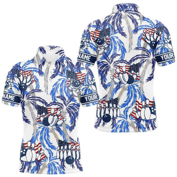 Maxcorners Blue Palm tropical pattern American Flag Bowling shirts For Men custom bowling team jerseys TU1711