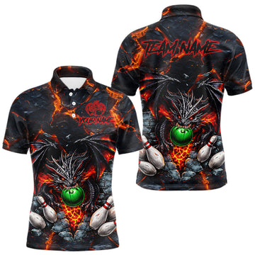 Maxcorners Custom Black And Orange Magma Dragon Bowling Shirts, Dragon Bowling Team Polo, 1/4 zip Jersey For Men LM2901