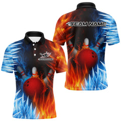 Maxcorners Fire and Ice Pattern Bowling Polo, Quarter Zip Shirts For Men Custom Flame Team Bowling Jerseys