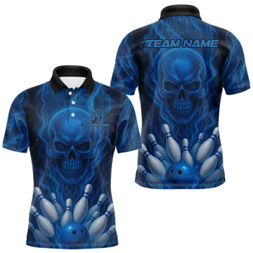 Maxcorners Blue Smoke Flame Skull Bowling shirts for Men custom Bowling Team Jersey, Gift For Bowler LM1903