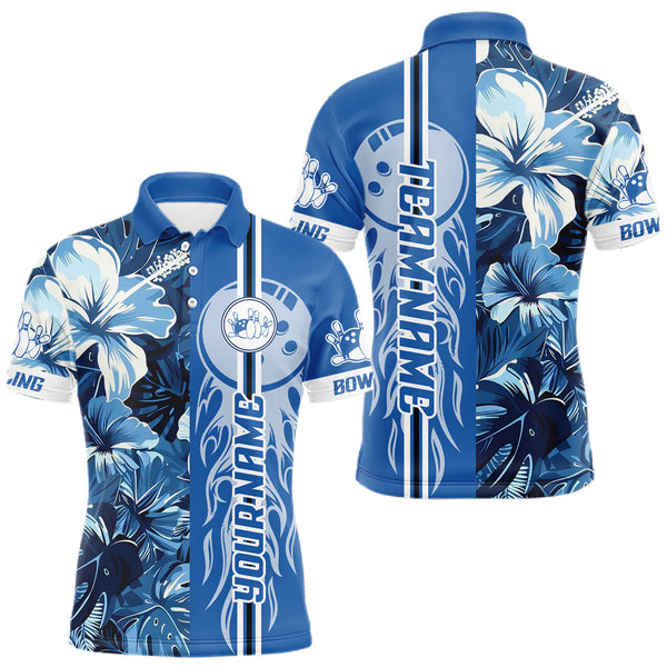 Maxcorners Blue tropical flower Flame Bowling Polo, Quarter Zip Shirts For Men Custom Bowler Gift Bowling Team MT0111