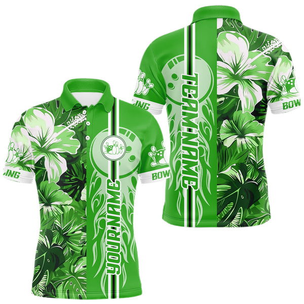 Maxcorners Green tropical flower Flame Bowling Polo, Quarter Zip Shirts For Men Custom Bowler Gift Bowling Team MT0111