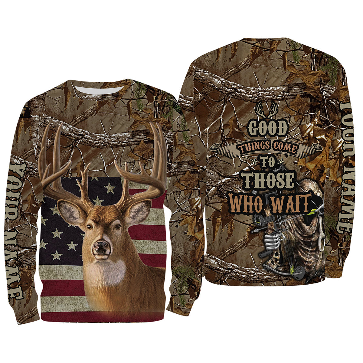 Maxcorners Custom Name Deer Hunting American Flag Camo 3D All Over Pri