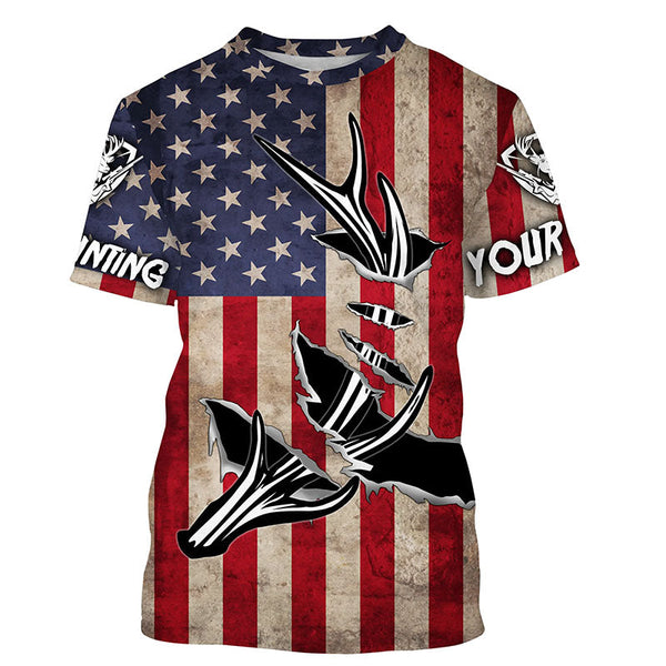 Maxcorners Personalized Deer Hunting American Flag Shirts Customize Name 3D Deer Antler All Over Printed Shirts LM2608
