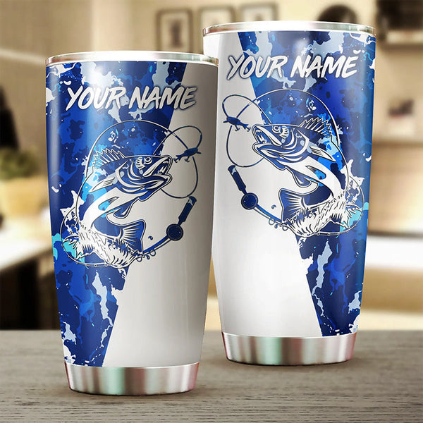 Maxcorners Walleye Fishing Blue Sea camo Stainless Steel Fishing Tumbler Customize Name