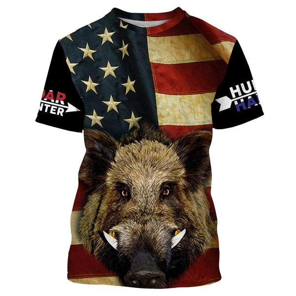 Maxcorners American Flag Wild Boar Hunting Hog Hunter Hunt Hard Full Printing Shirts, Personalized Hog hunting Gifts LM2608
