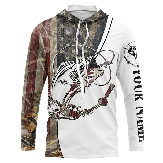 Maxcorners Largemouth Bass Fishing American USA Flag Camo Custom name full printing shirt | Long Sleeve LM0201