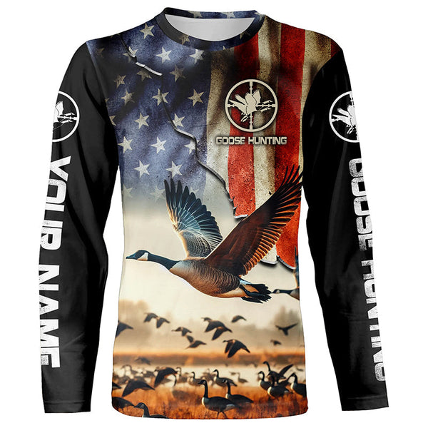 Maxcorners Goose Hunting American Flag Custom Name All Over Print Shirts, Gift For Hunter