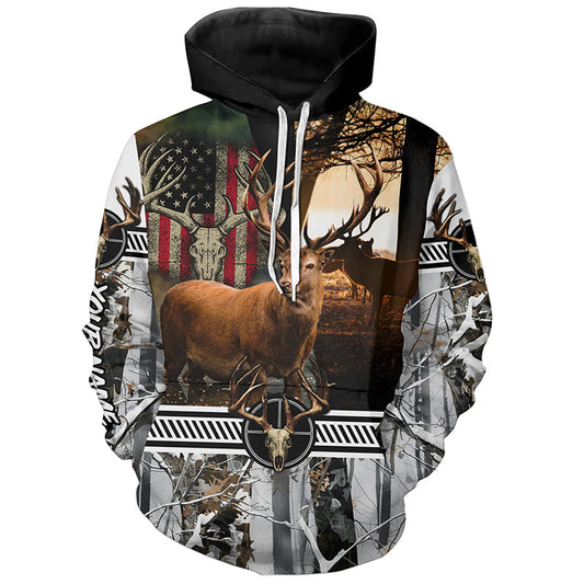 Maxcorners Red Deer stag hunting American flag winter camo custom name Shirt for Hunter, Deer hunting gift LM2608