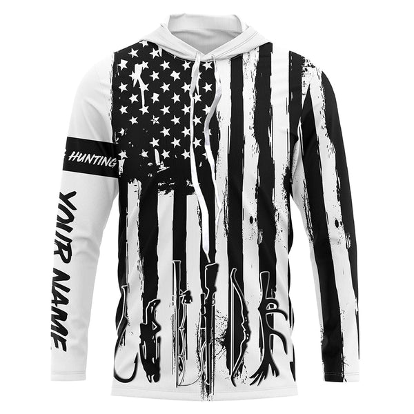 Maxcorners American Flag Fishing and Hunting black and white UV protection Customized name Shirt LM2608
