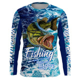 Maxcorners Customized Name Fishing Makes Me Happy Sea Waves Camo Fishing Blue 3D Shirts