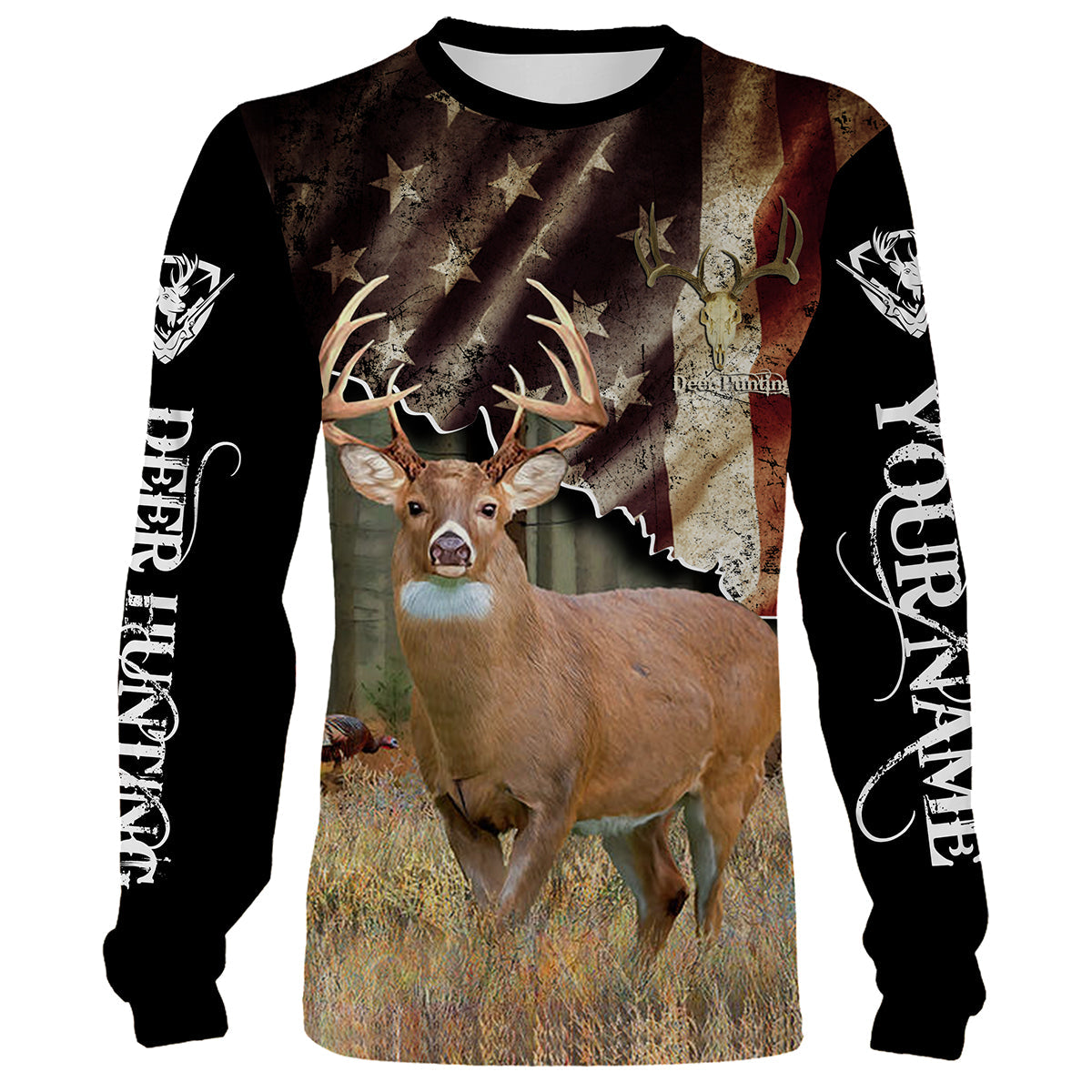 Maxcorners White-Tailed Deer American Flag Hunting Customize Name 3D Shirts