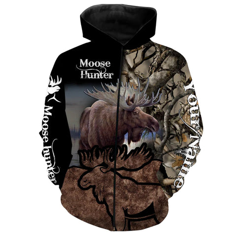 Maxcorners Personalized Moose Hunter 3D Hoodie Shirt, Gift for Men, Hunter Hoodie Zip Hoodie