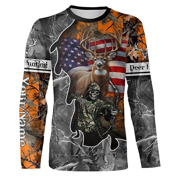 Maxcorners Deer Hunting American Flag Grim Reaper Custom Name camouflage Shirts for Hunters, Hunting Clothin LM2608