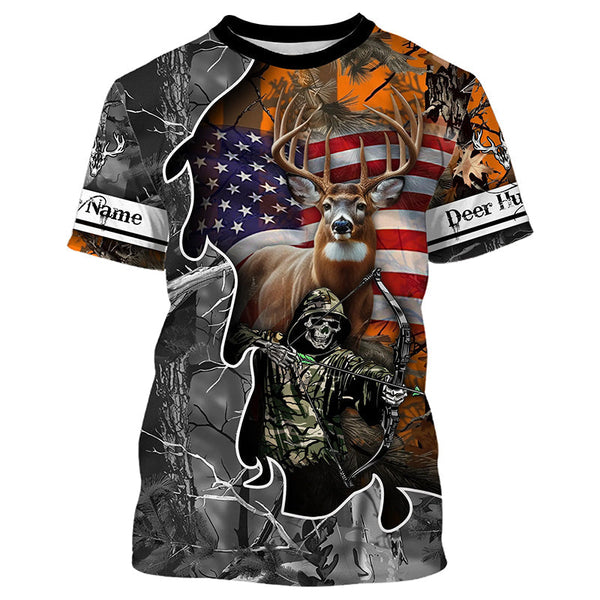 Maxcorners Deer Hunting American Flag Grim Reaper Custom Name Shirt 3D All Over Printed Clothes