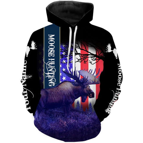 Maxcorners Moose Hunting American Flag Custom Name 3D All Over Print Hoodie Zip Hoodie